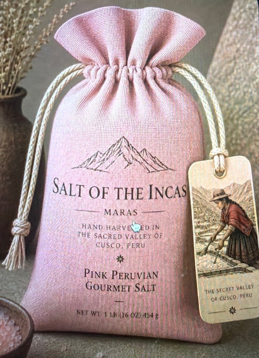 A pink cloth bag of Salt of the Incas pink Peruvian gourmet salt