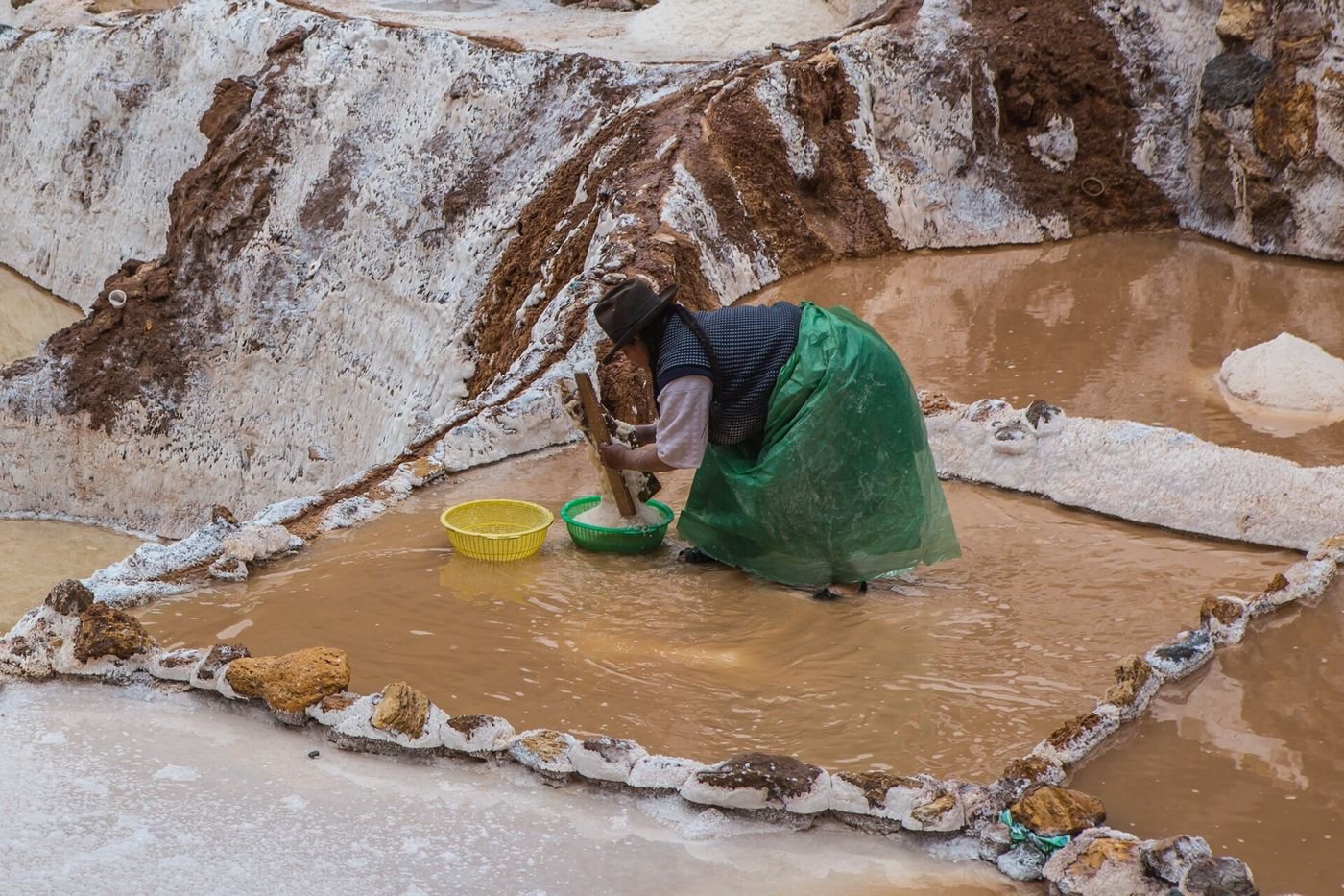A woman in a salt pool gathering salt by hand