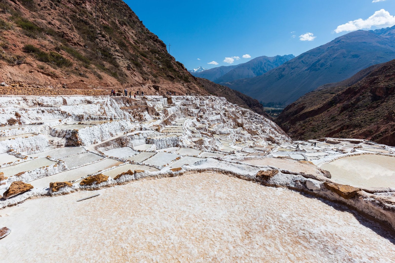 Hundreds of white salt pools stepping down a mountainside in Maras, Peru