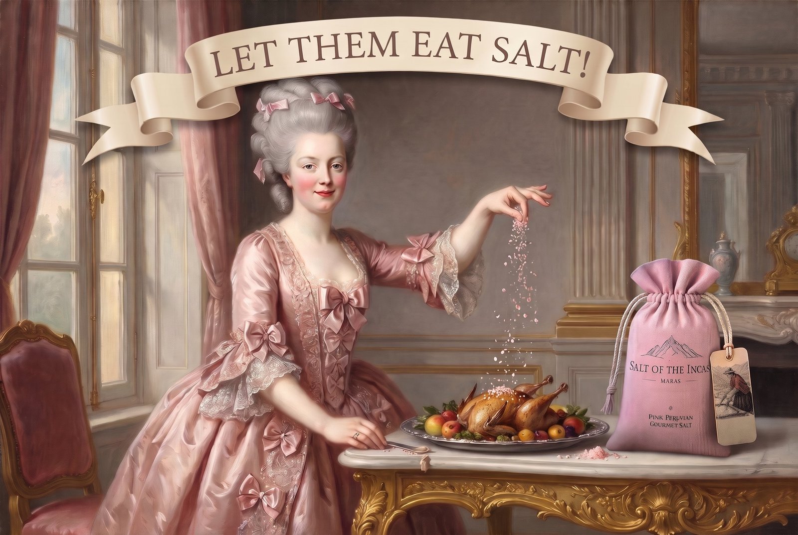A French court painting of Marie Antoinette sprinkling pink salt over a roast bird, beside a bag of Salt of the Incas, under a ribbon that reads &ldquo;Let them eat salt!&rdquo;